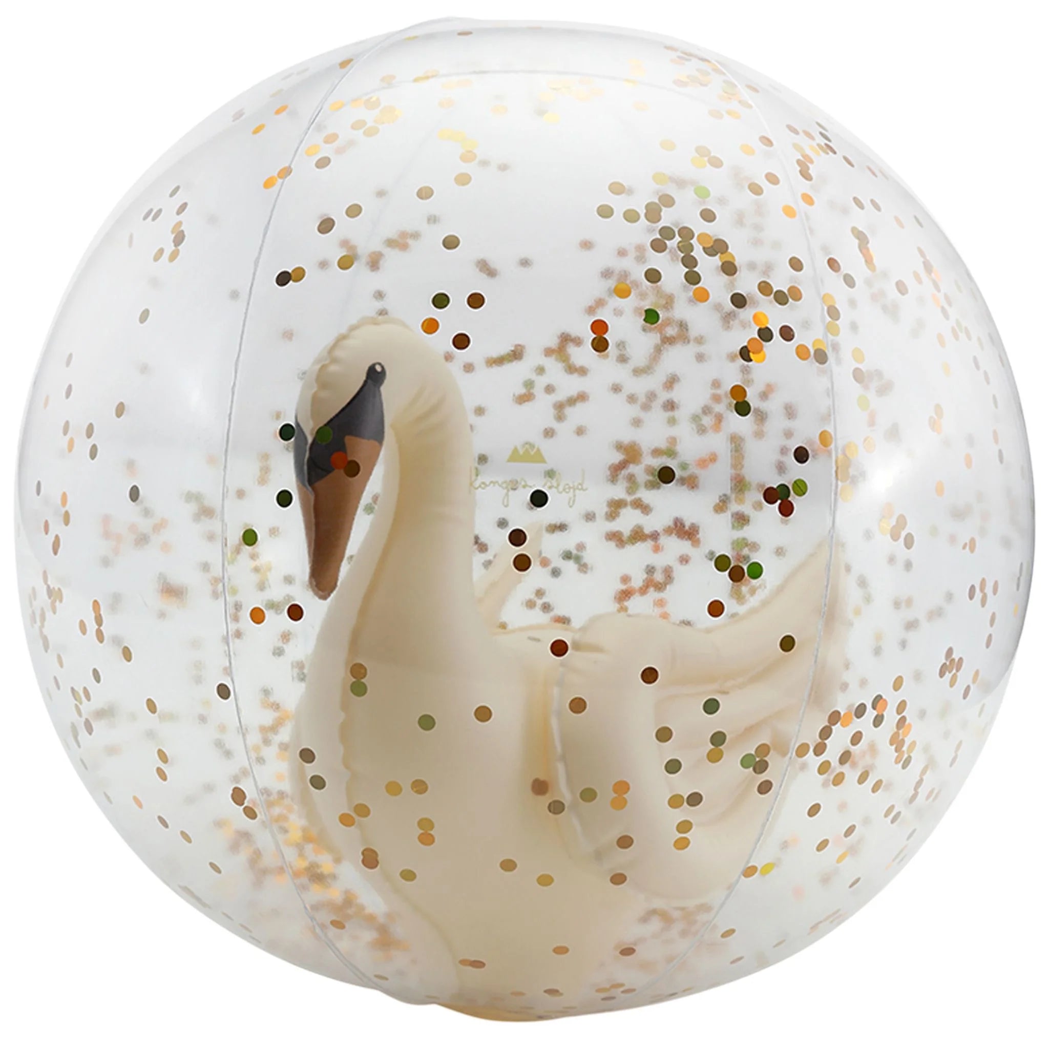 Konges Sløjd Swan Beach Ball — transparent glitter PVC beach ball with inflatable swan figure inside, product shot on white background
