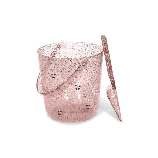 Konges Sløjd Glitter Bucket and Shovel Set Cherry Print — translucent pink glitter kids beach bucket and shovel, product shot on white background