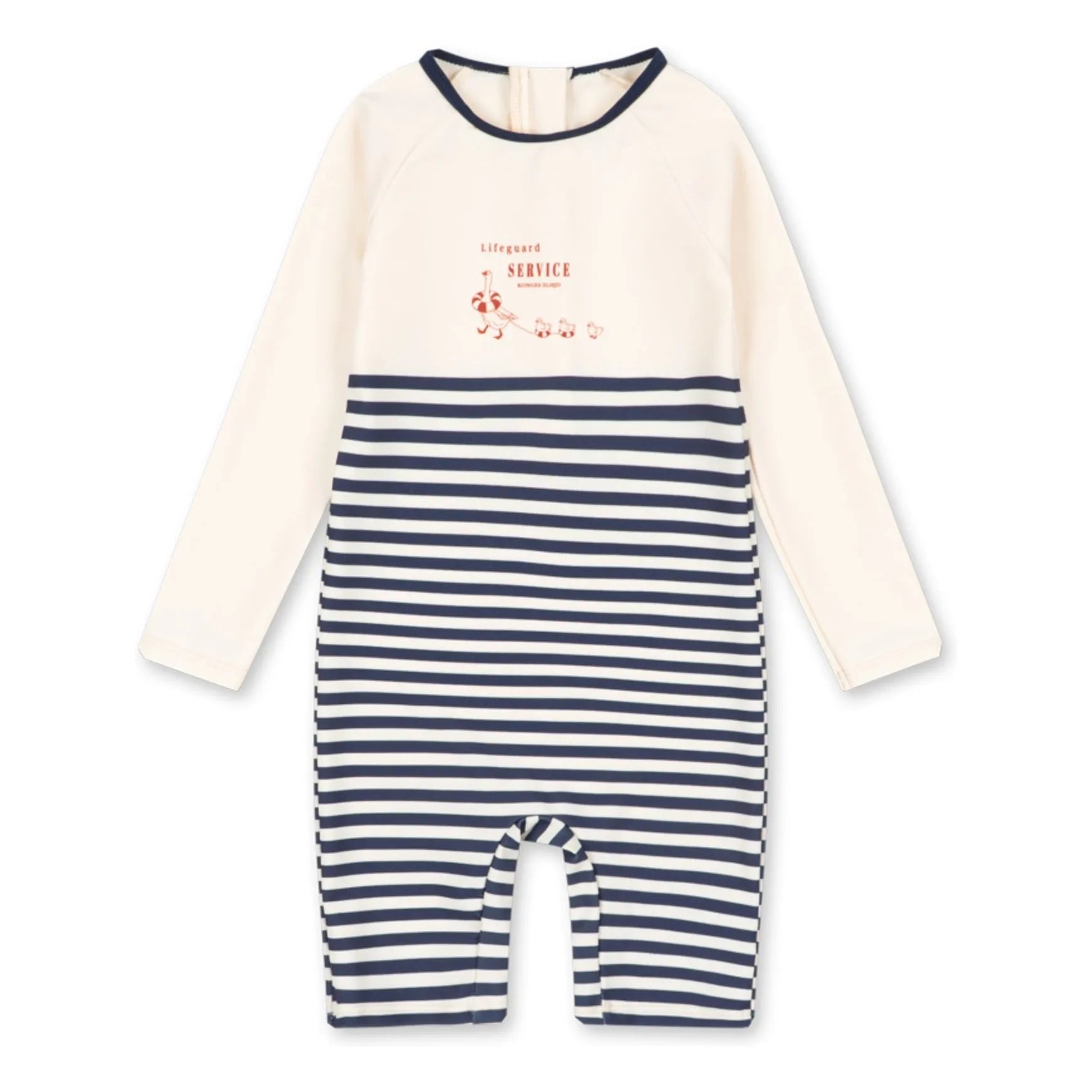 Konges Sløjd Striped UV Protection Bathing Suit Recycled Fibers — navy and ecru striped long-sleeve kids one-piece swimsuit, flat lay on white background