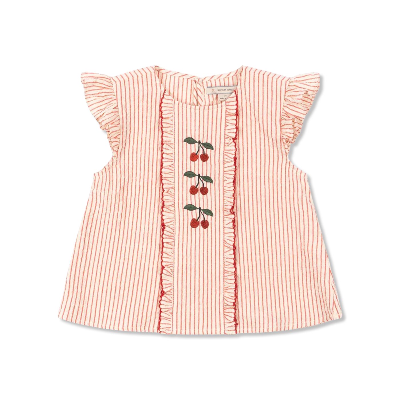 Konges Sløjd Ellie Frill Top GOTS Amour Stripe — pink and white stripe organic cotton kids top with cherry embroidery and frill sleeves, flat lay on white background