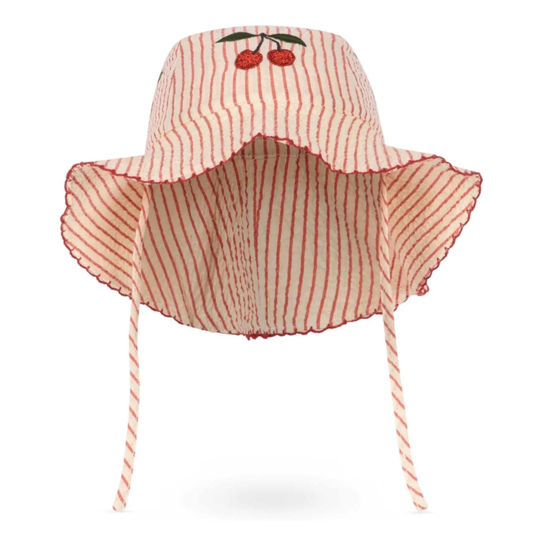 Konges Sløjd Ellie Organic Cotton Striped Hat in Red — red and white stripe organic cotton kids wide brim sun hat with cherry embroidery and chin ties, shown on white background