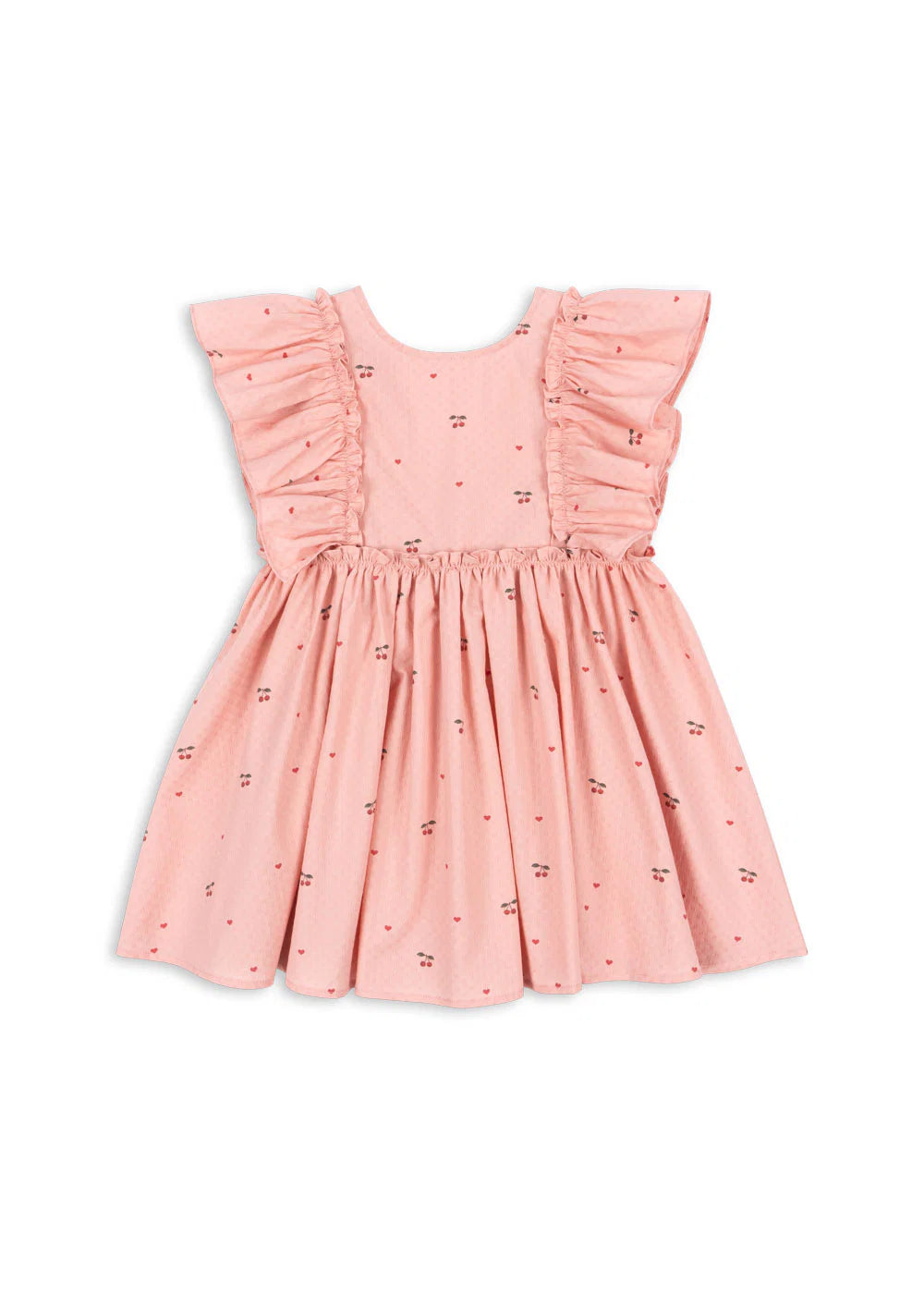 Konges Sløjd Evia Bow Dress — soft pink organic cotton kids dress with oversized bow back detail and flutter sleeves, flat lay on white background