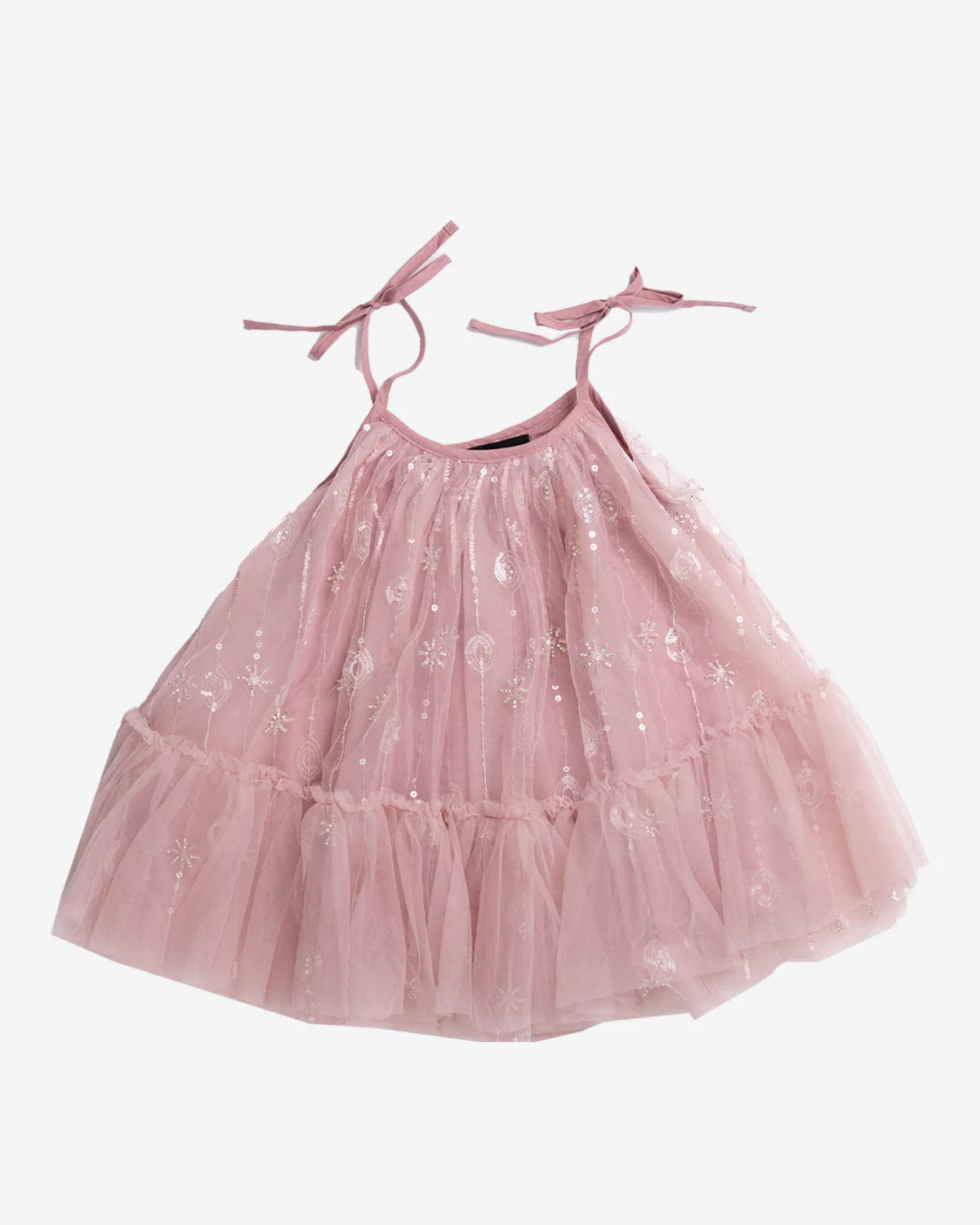Petite Hailey Rowan Tull Dress — pink dot print kids tulle dress with bow-tied spaghetti straps, flat lay on white background