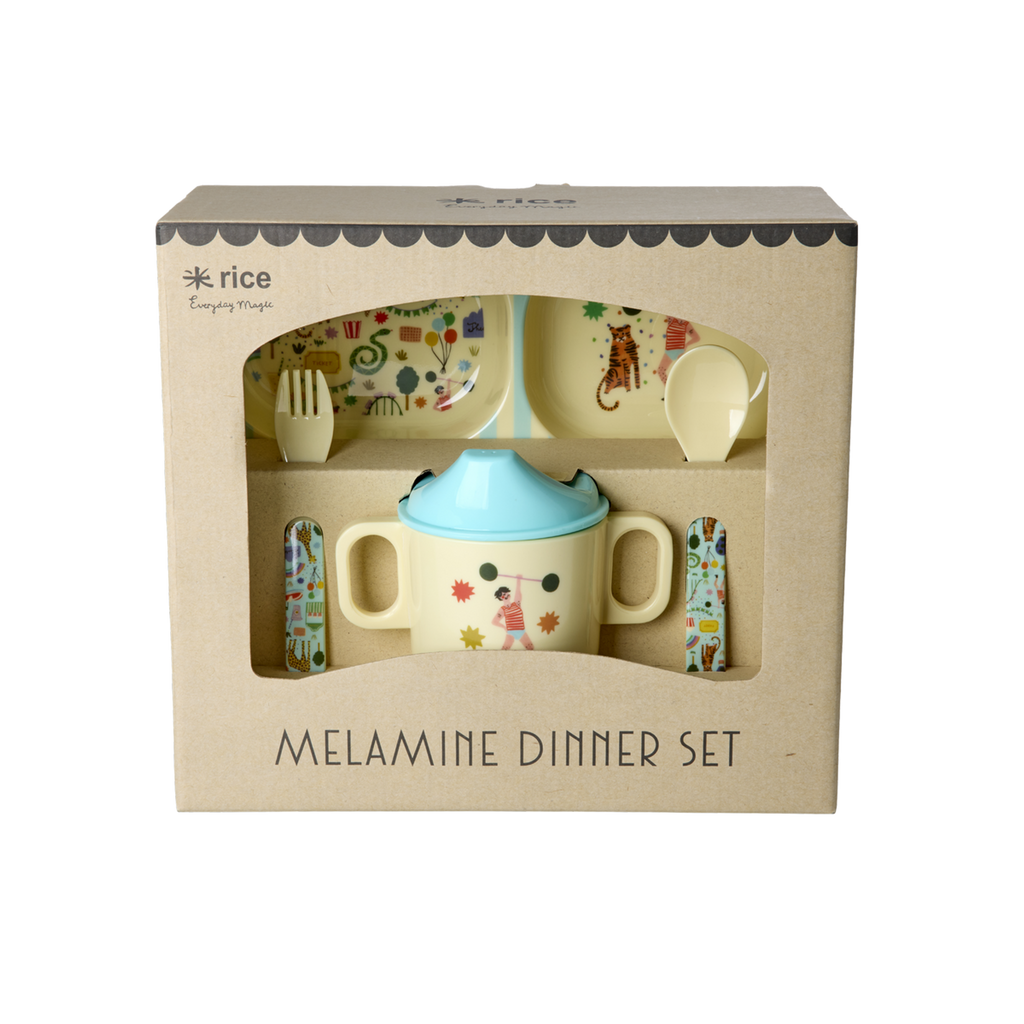 riceby rice melamine baby dinner set fun fair print mint gift box