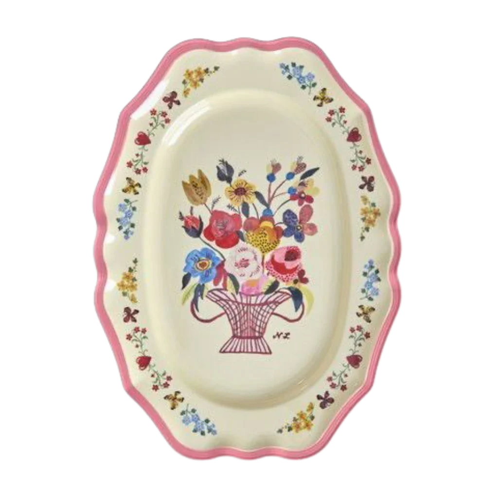 riceby rice melamine vintage serving dish with Nathalie Lété floral print and neon pink scalloped edge