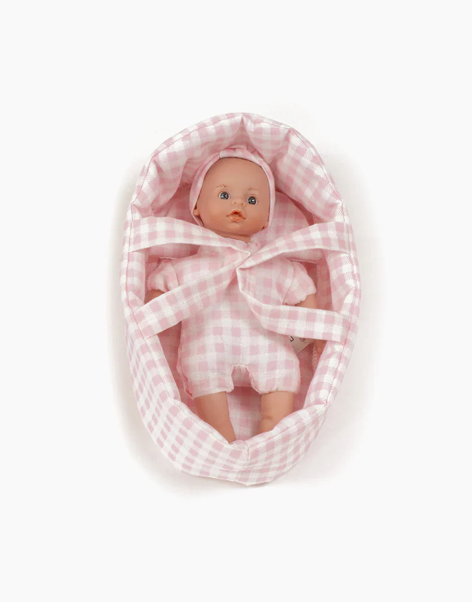 Teo Doll with Dark Eyes & Sky Blue Vichy Moses Basket | Minikane