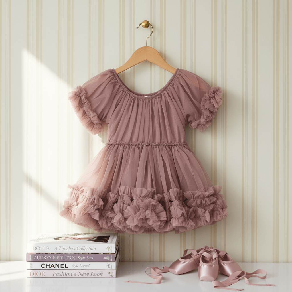 Frilly Dress in mauve – DOLLY by Le Petit Tom soft chiffon dress with puff sleeves