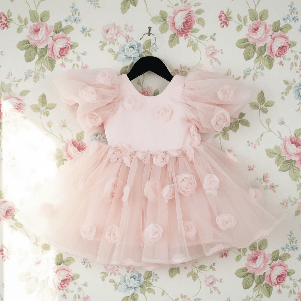 The Rose Garden Tulle V-Back Puff Dress in Dolly Pink – DOLLY by Le Petit Tom with 3D roses