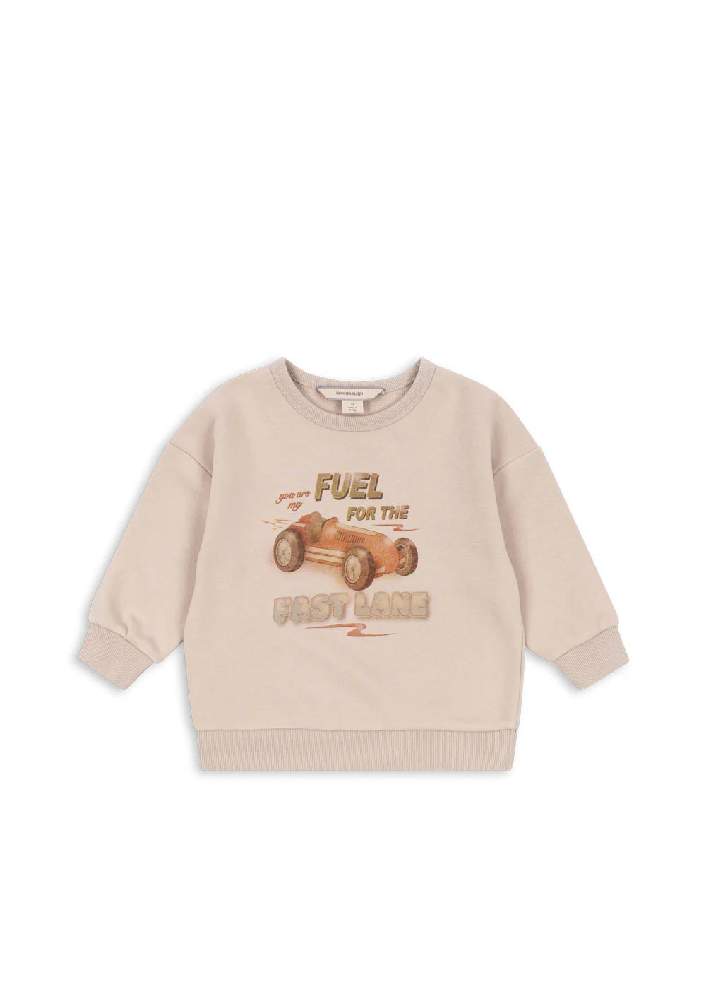 Konges Sløjd Lou sweatshirt for kids in French Oak with vintage race car graphic and "Fuel for the Fast Lane" text