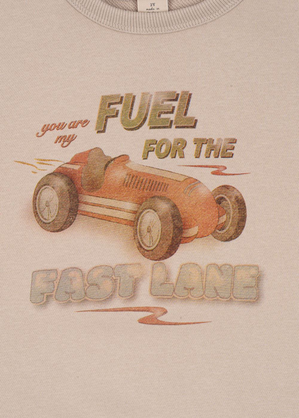 Detail of vintage race car graphic print on Konges Sløjd Lou sweatshirt
