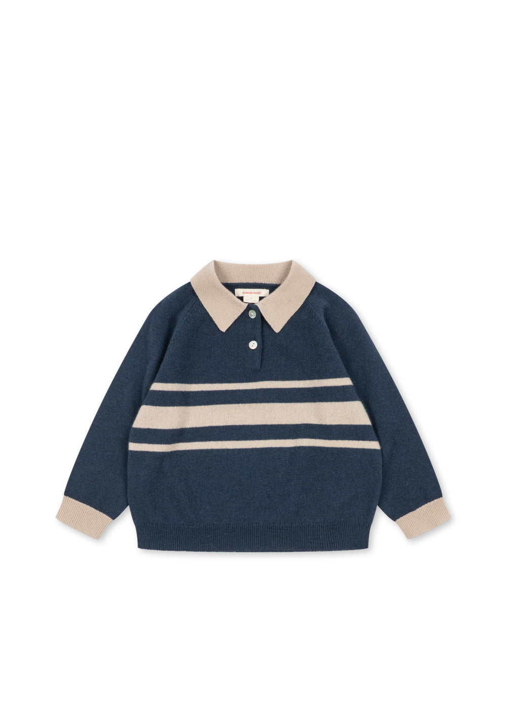 Navy Konges Sløjd Basi wool knit polo with cream collar and chest stripes, front view