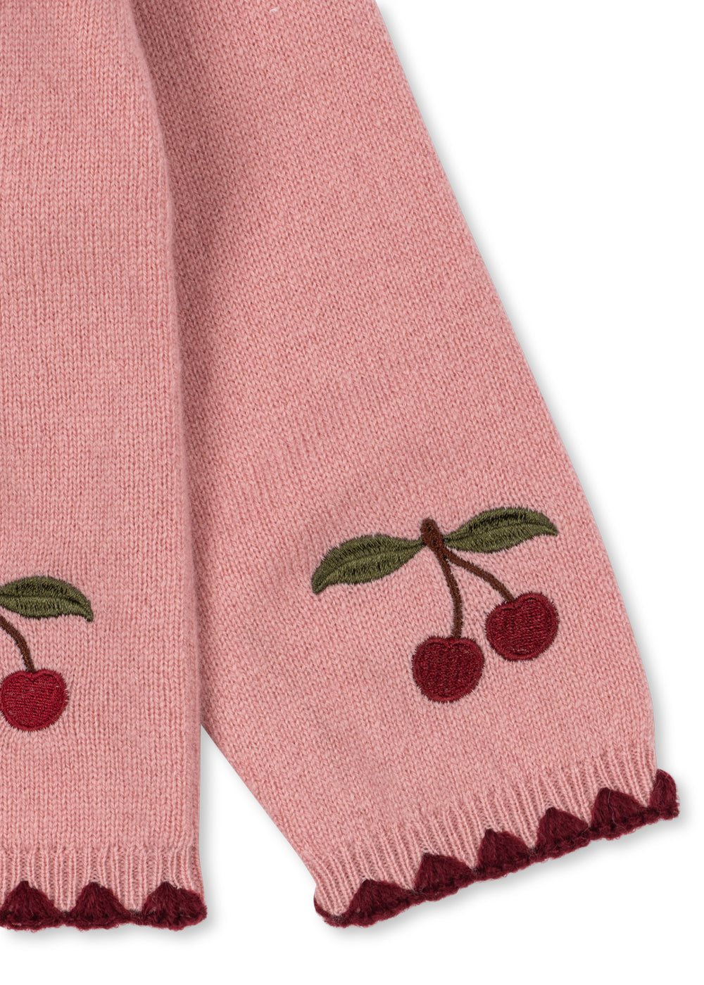 Close-up of the embroidered cherries on the cardigan sleeve cuff