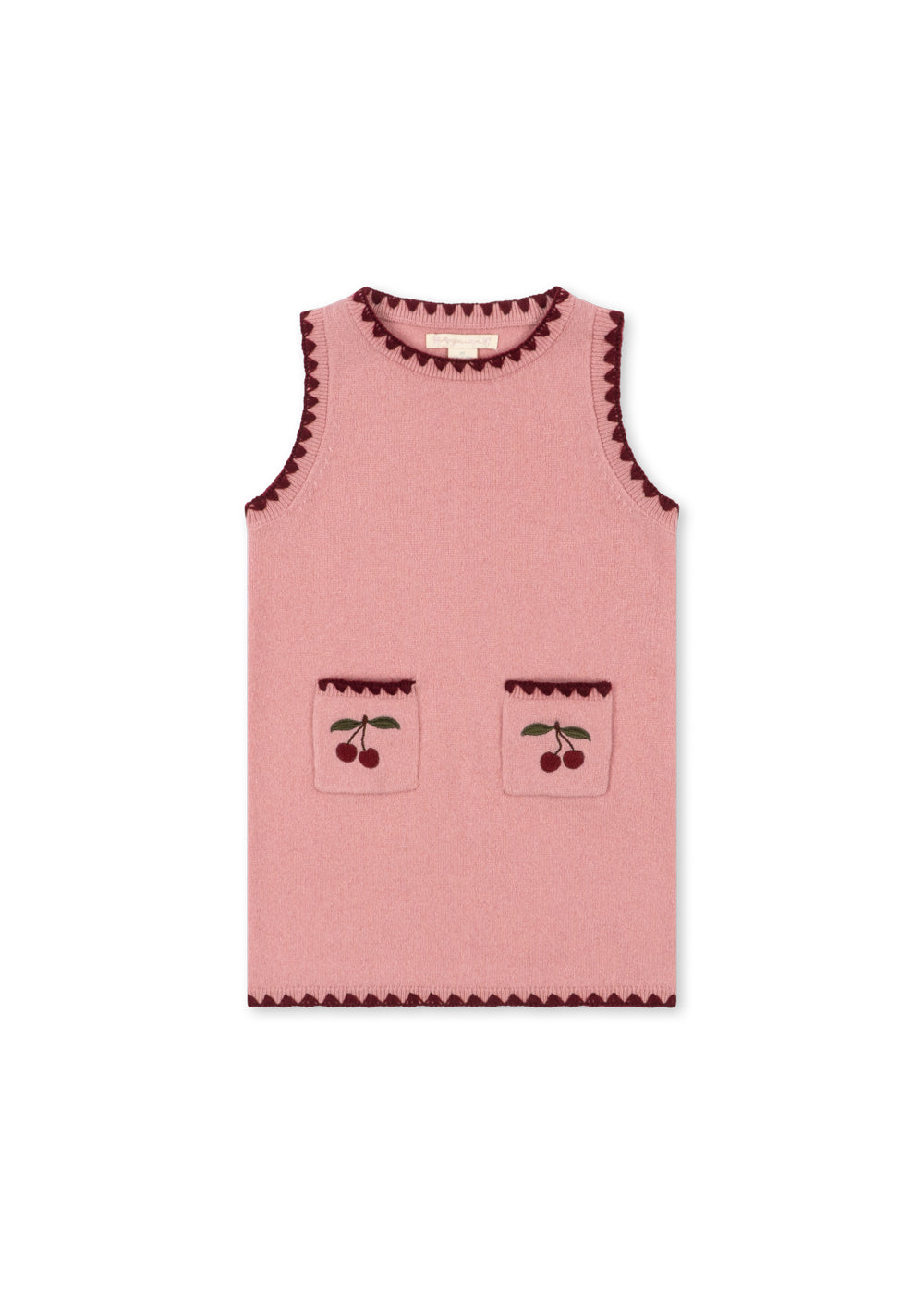 Pale pink sleeveless Konges Sløjd Collette wool knit dress with burgundy scalloped trim and cherry pockets, front view