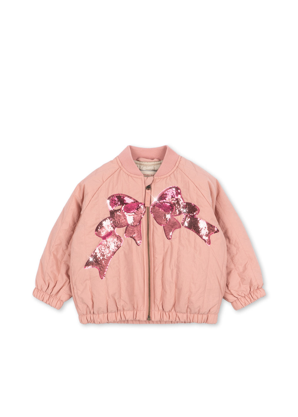 Rosette pink quilted Konges Sløjd Juno bomber with a large sequin bow on the front