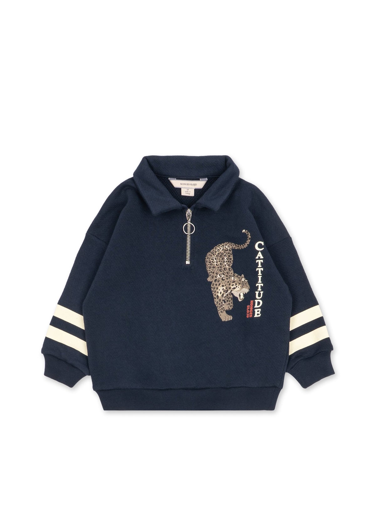 Navy Konges Sløjd Loupy half-zip polo sweatshirt with a leopard print and striped sleeves, front view