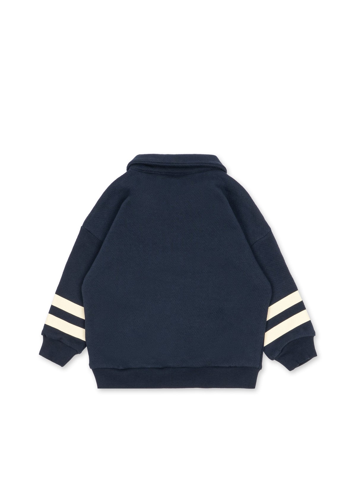 Back view of the navy half-zip polo with cream sleeve stripes