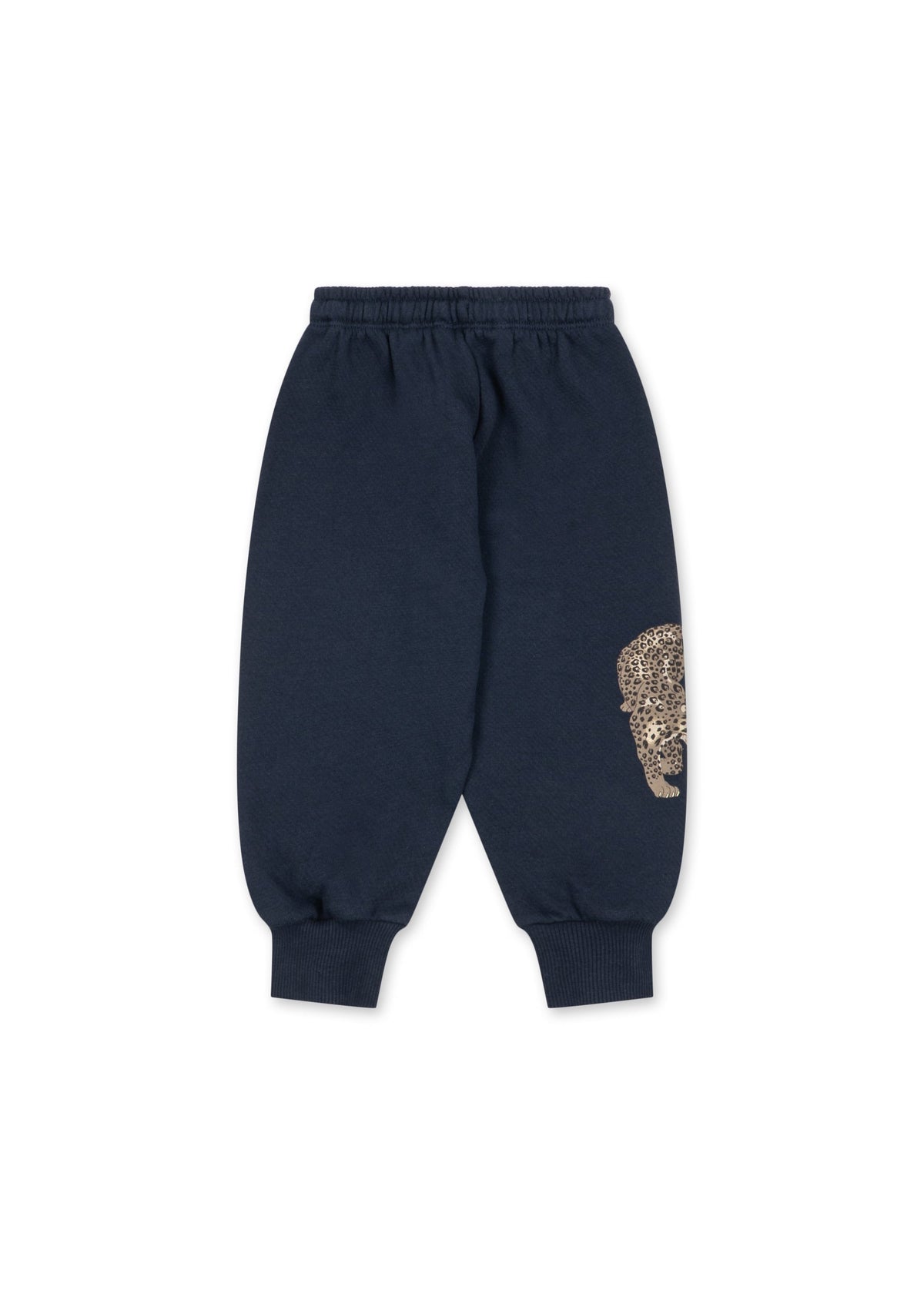 Back view of the navy Loupy sweatpants with leopard print and cuffed ankles