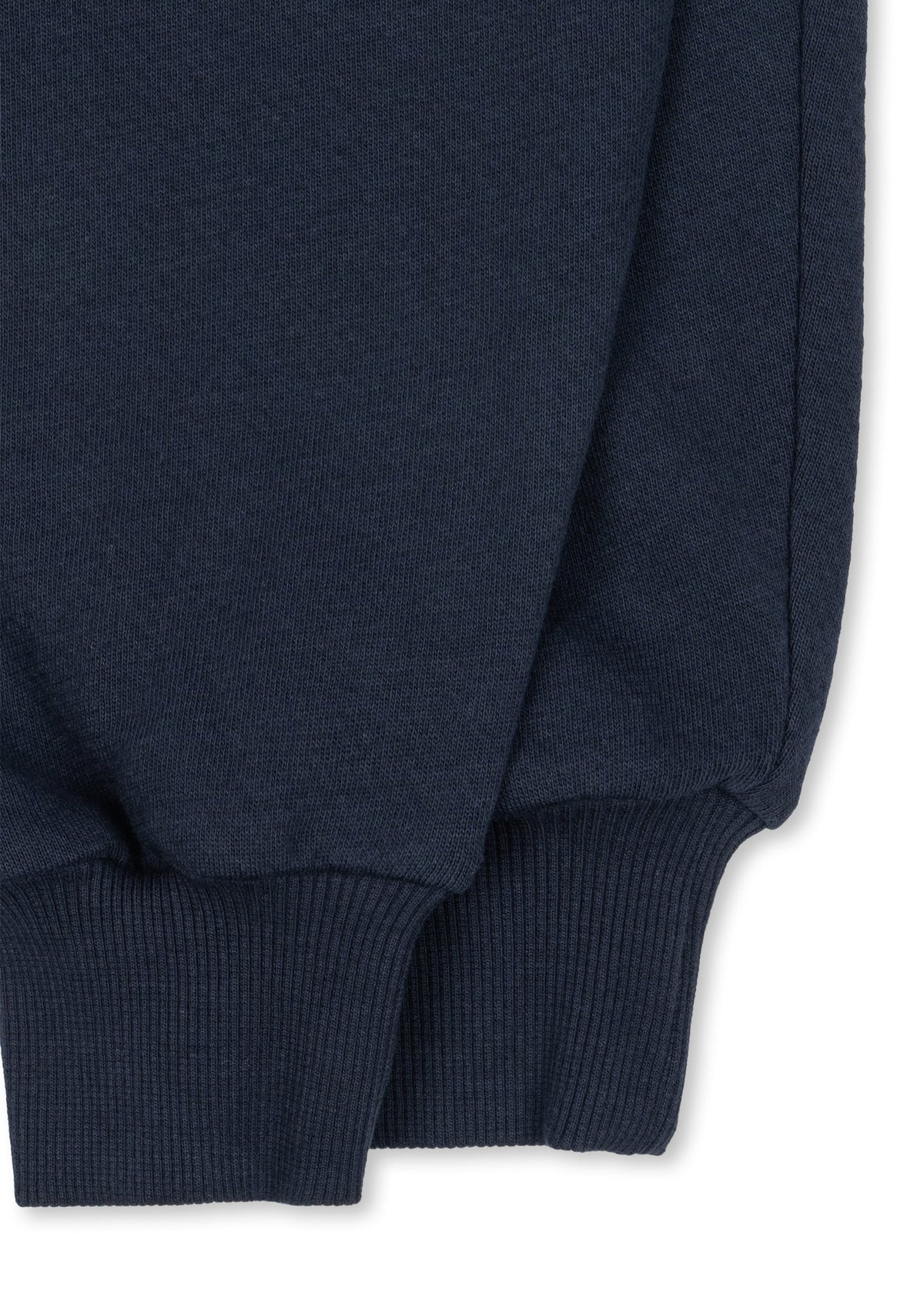 Close-up of the ribbed ankle cuff on the navy Loupy sweatpants