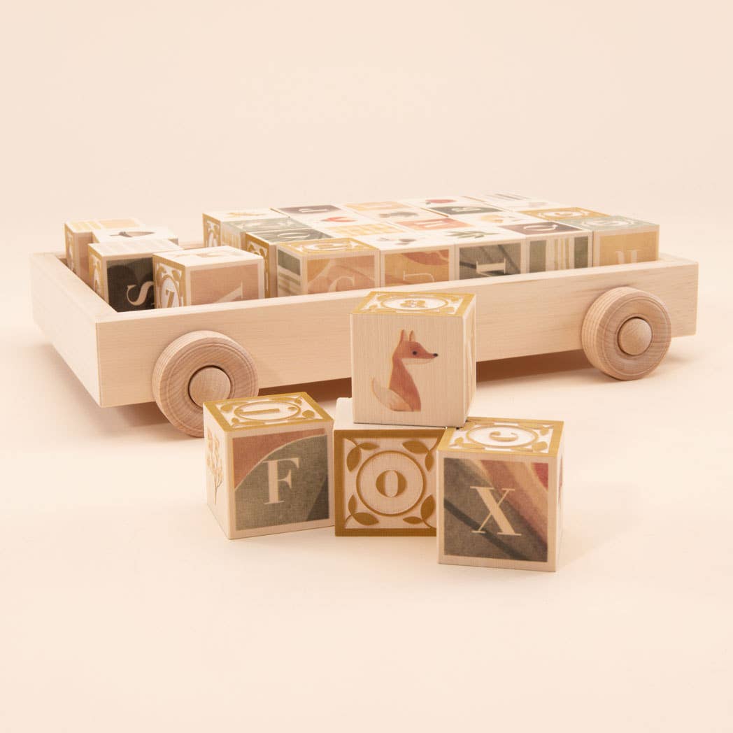 Uncle Goose Watercolor ABC Blocks with Wagon - basswood wagon filled with painted alphabet blocks