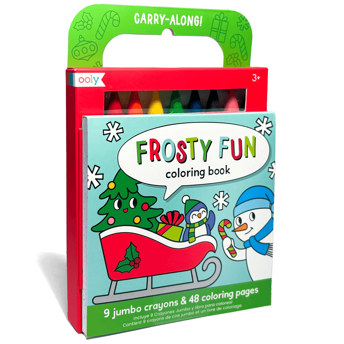 OOLY Carry-Along Coloring Book Set in Frosty Fun, travel coloring set with jumbo crayons – packaging front