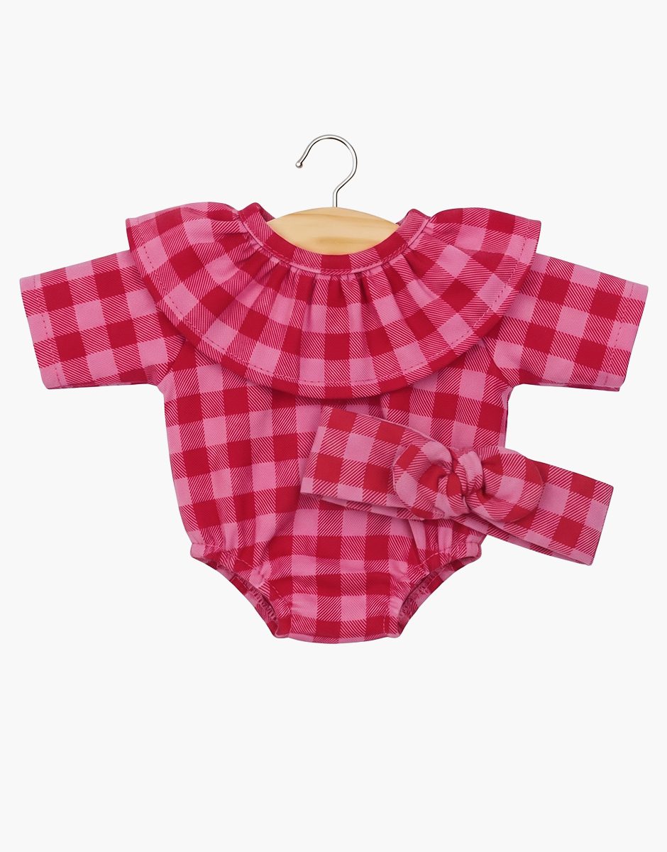 Colette Ruffle-Collar Romper & Headband in Cherry Gingham Flannel – Minikane