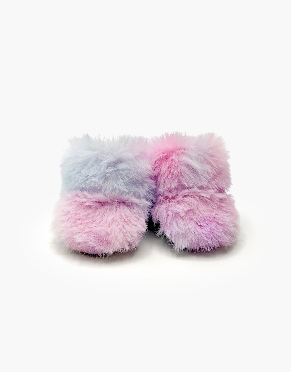 Minikane doll snow boots in lilac rainbow faux fur