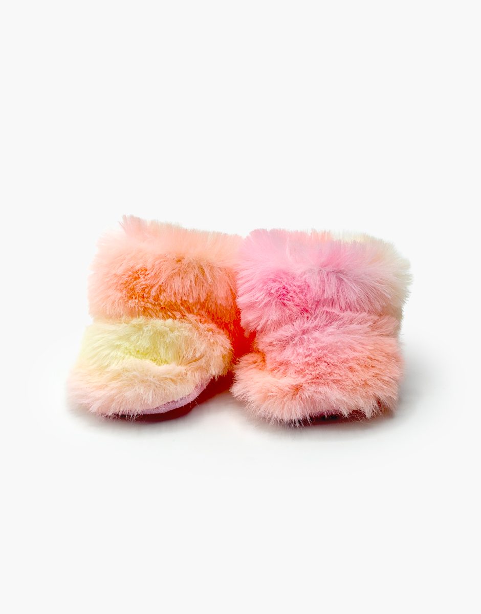 Minikane doll snow boots in pink rainbow faux fur