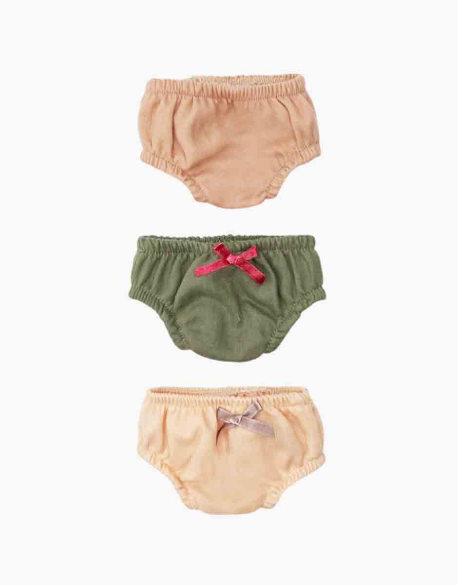Minikane Charlotte cotton doll panties, set of 3 in nude, blush pink and khaki, for Gordis dolls