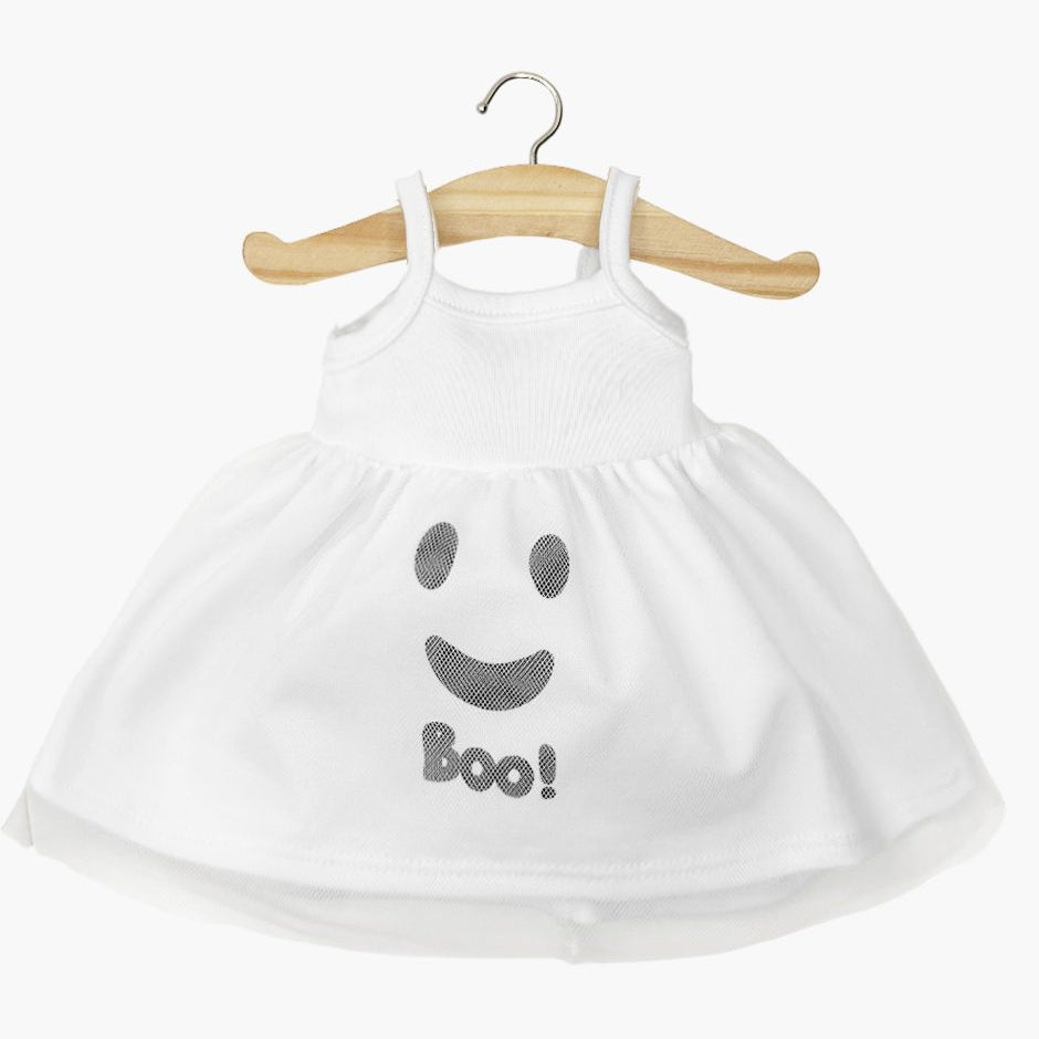 Minikane Rosella Boo! tutu in white jersey and tulle with screen-printed design for Gordis dolls