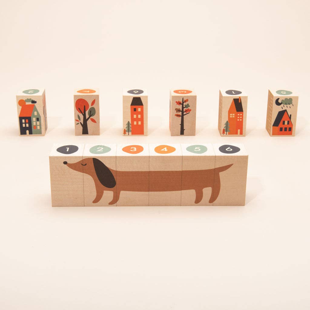 Six wooden Neighborhood blocks from Uncle Goose displayed together