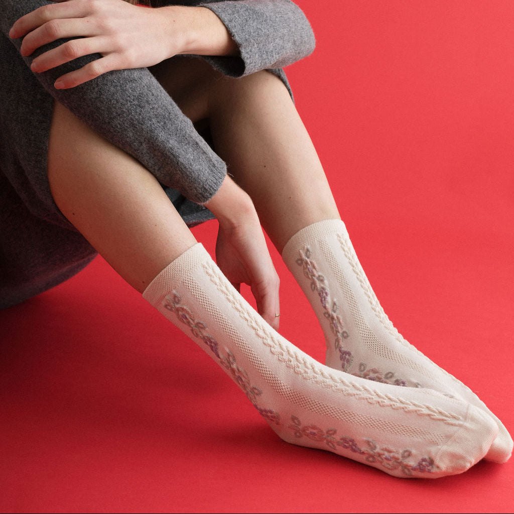 Collégien Magnolia Jacquard Flower Ankle Socks styled