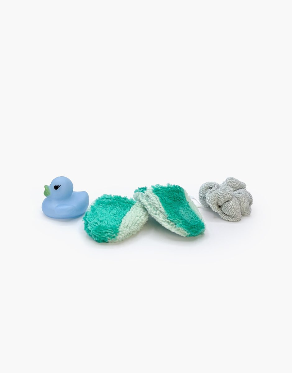 Minikane Mini Panchas bath accessory set with green and mint striped slippers