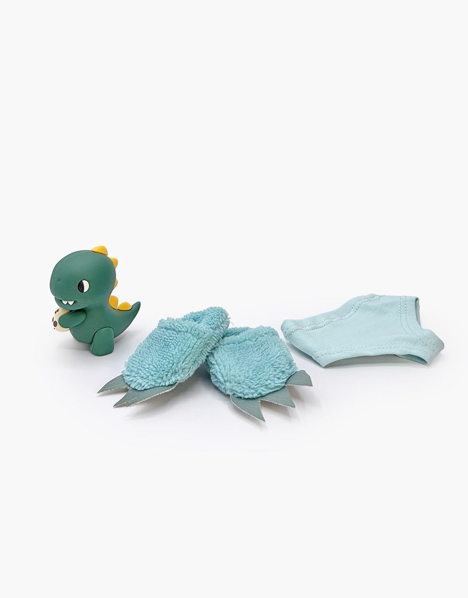 Minikane Mini Panchas dinosaur accessory set with green terrycloth dinosaur slippers, mini dinosaur toy and mint jersey panties