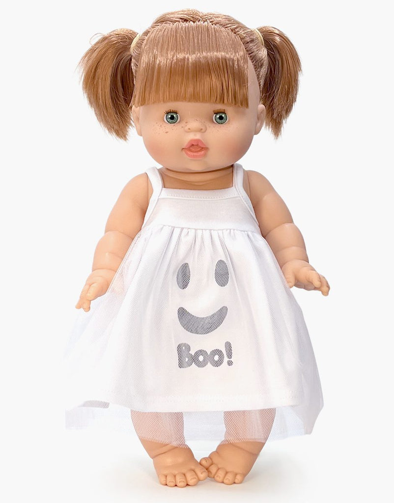Minikane Gordis doll wearing the Rosella Boo! tutu in white jersey and tulle