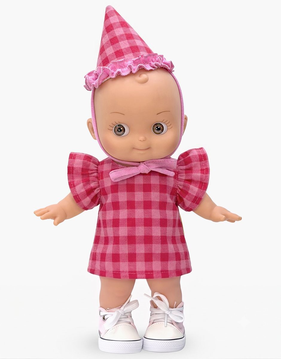 Ninon Mini Pancha doll in cherry gingham party set styled with sneakers by Minikane