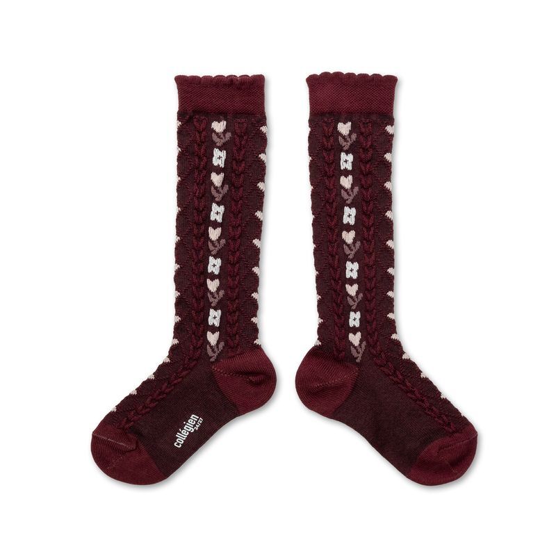 Collégien Désirée Jacquard Hearts and Flowers Knee-High Socks – Bordeaux Grand Cru