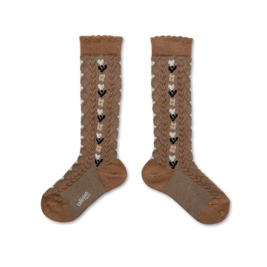 Collégien Désirée Jacquard Hearts and Flowers Knee-High Socks – Biscuit (image 2)