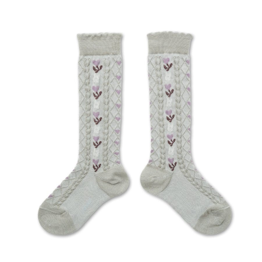 Collégien Désirée Jacquard Hearts and Flowers Knee-High Socks – Gris Perle