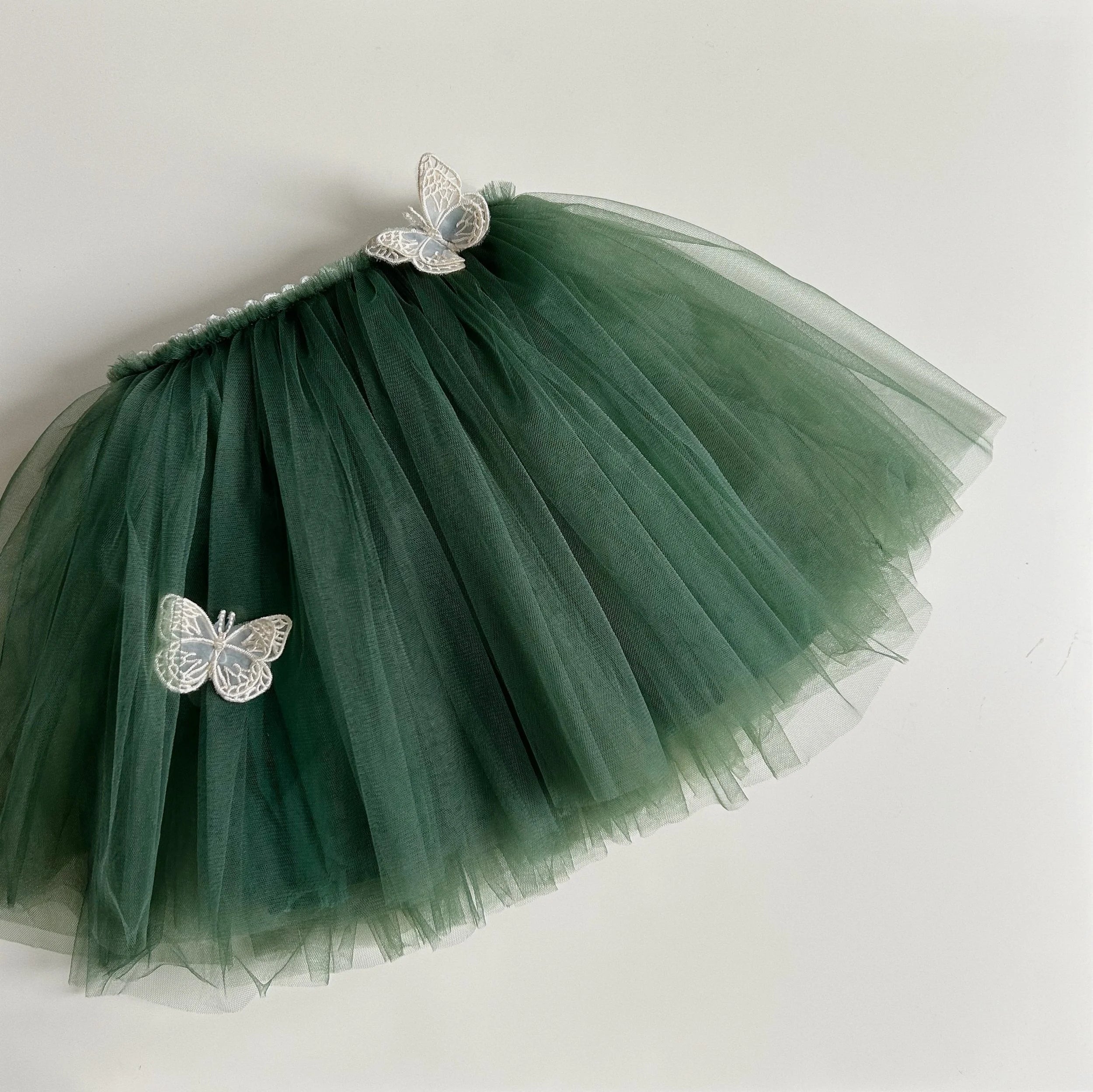 Baby Everly moss green tulle skirt with embroidered butterfly details