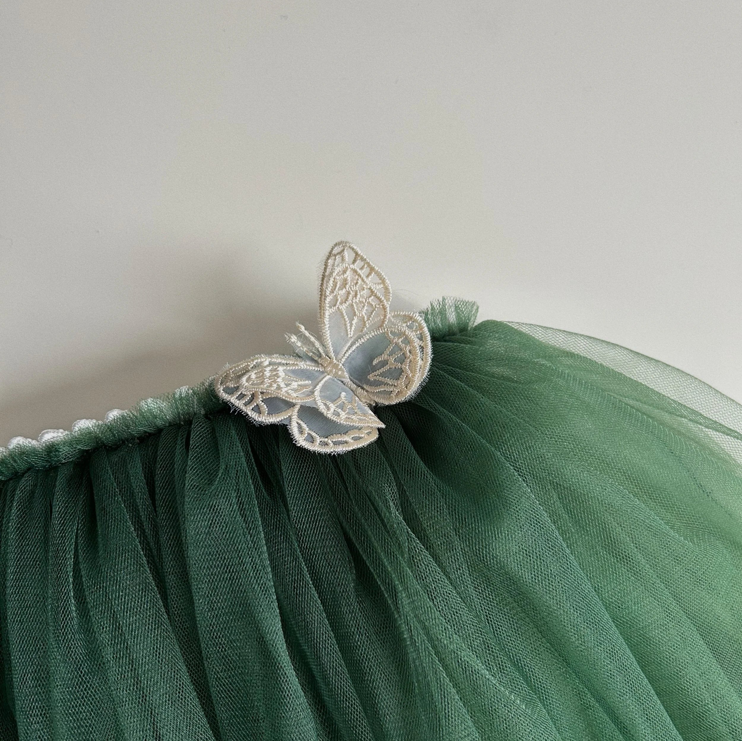 Baby Everly moss green tulle skirt with embroidered butterfly details