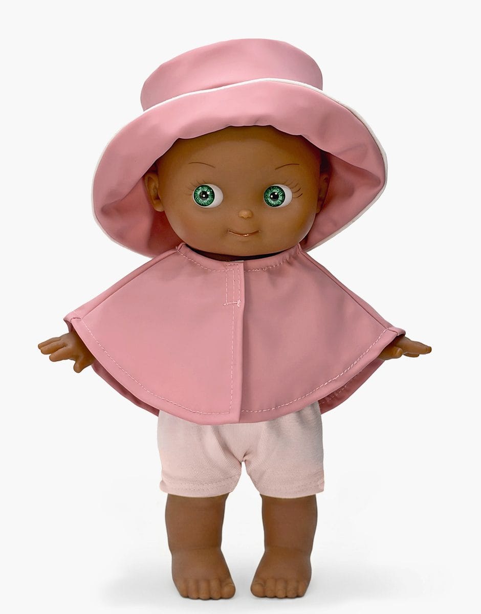 Prunelle Mini Pancha doll in pink rain set by Minikane