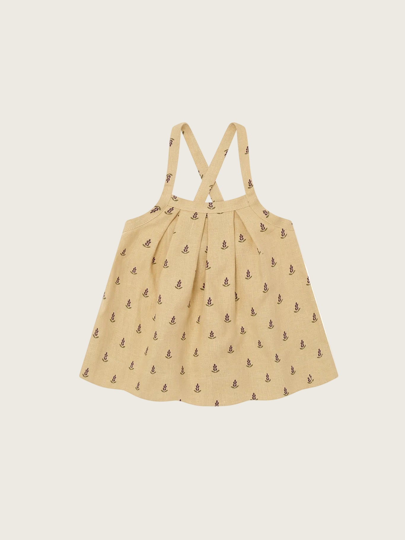 Organic Zoo Lavender Bloom Tribe Skirt — soft organic linen girls skirt with delicate lavender bloom print and braces, flat lay on cream background