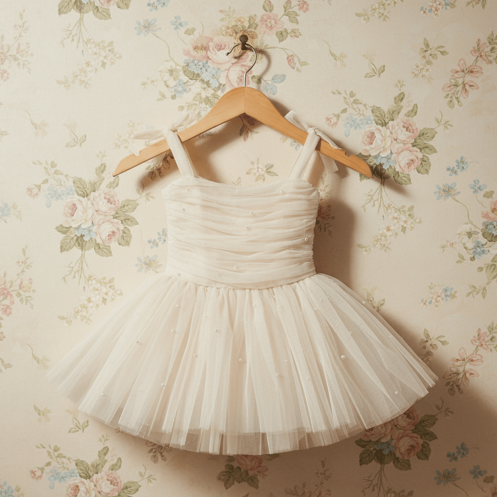 DOLLY by Le Petit Tom Pearl Tulle Ballerina Dress in Cream — layers of pearl-adorned tulle ballerina dress for girls, hanging on hanger