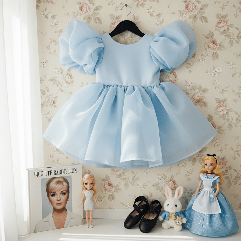 DOLLY by Le Petit Tom V-Back Puff Sleeve Organza Tutu Dress in Light Blue — signature puff sleeve organza tutu dress for girls, hanging on hanger