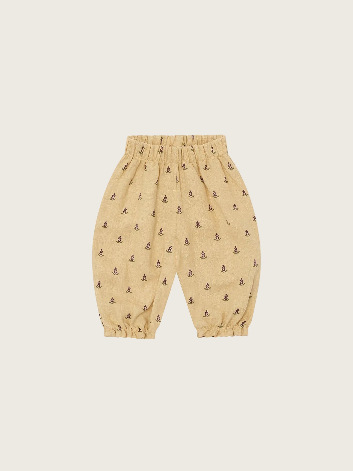 Organic Zoo Lavender Bloom Gardener Pants — relaxed fit organic linen kids pants with delicate lavender bloom print, flat lay on cream background