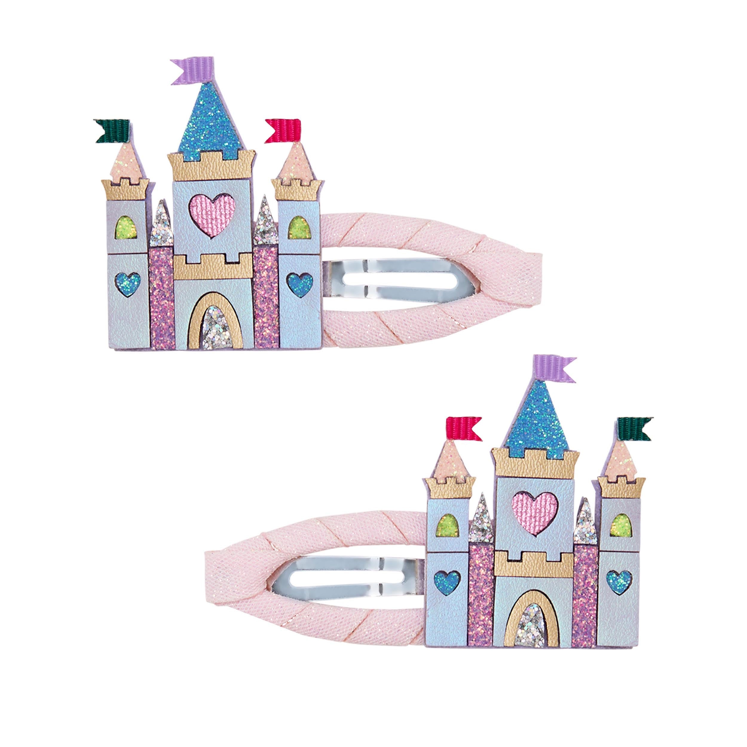 Rainbow Castle Hair Clips - two pastel castle-shaped fabric hair clips