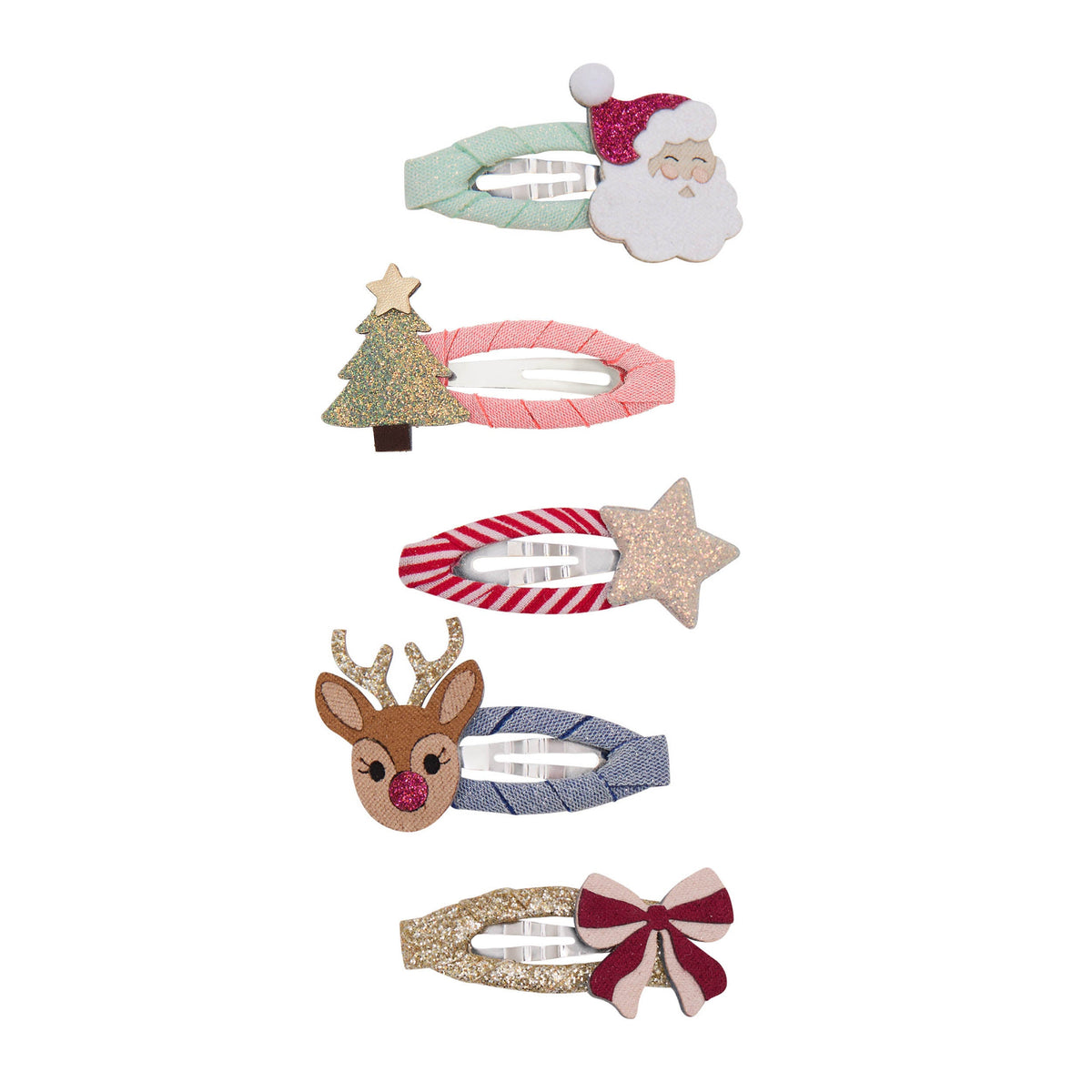 Five Christmas theme mini hair clips featuring Santa, reindeer, star, bow and Christmas tree