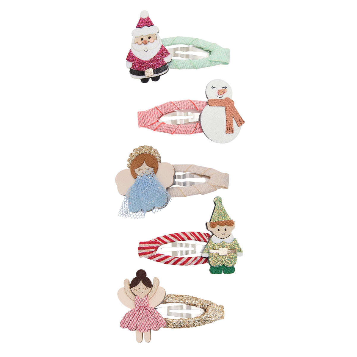 Five Christmas character mini hair clips featuring snowman, Santa, fairy, elf and angel