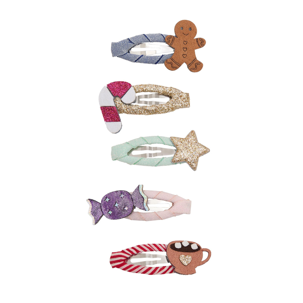 Five Christmas food theme mini hair clips featuring gingerbread, candy cane, sweets, hot chocolate and star