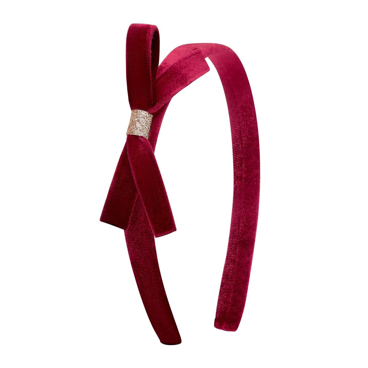 Deep burgundy velvet bow headband with gold glitter wrap